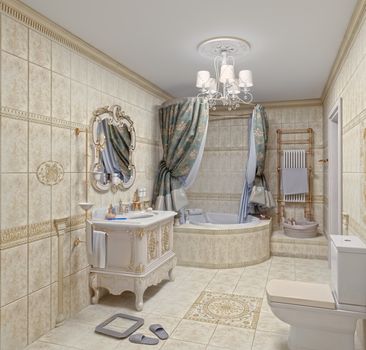 Modern Bathroom interior with  tiles and mirror (3D rendering)