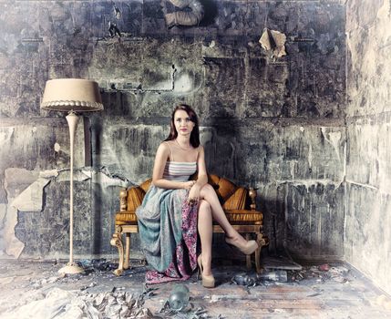young beautiful women, sitting in vintage sofa  (Photo and hand-drawing elements combined) 
