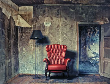 luxury armchair in grunge interior (Photo compilation. Photo and hand-drawing elements combined.) 