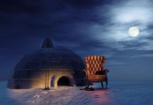 luxury armchair in winter landscape and igloo (3d concept)