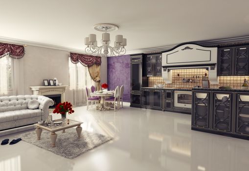 luxury kitchen interior in classic style (3D rendering) 