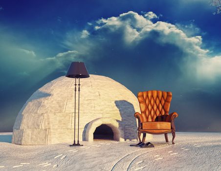 luxury armchair in winter landscape and igloo (3d concept)