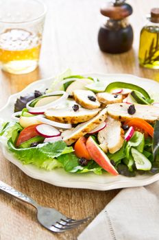 Grilled chicken with tomato ,lettuce ,radish and raisin salad