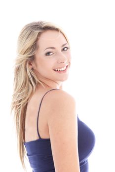 Attractive blonde woman looking over her shoulder isolated on white Attractive blonde woman looking over her shoulder isolated on white