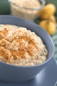 Bowl of cooked oatmeal porridge mixed with powdered maca or Peruvian ginseng (lat. Lepidium meyenii) with cinnamon on top, maca powder and maca roots in the back (Selective Focus, Focus in the middle of the oatmeal porridge) 