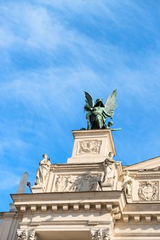 Lviv theatre of opera and ballet exterior. The symbolic sculpture of  Comedy and Drama.