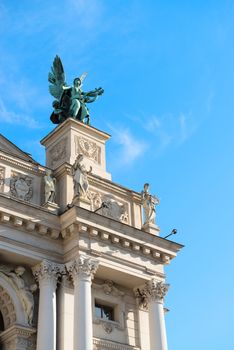 Lviv theatre of opera and ballet exterior. The symbolic sculpture of Music.