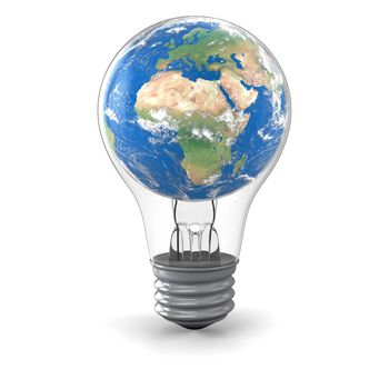 Realistic model of planet Earth inside lightbulb, concept of global energy solution