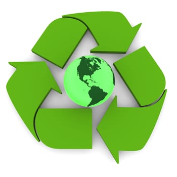 Glowing green planet Earth inside recycling symbol, concept of conservation, isolated on white background. Elements of this image furnished by NASA