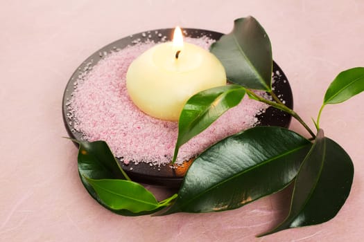 Candle,  green leaves,  sea salt, pink background.