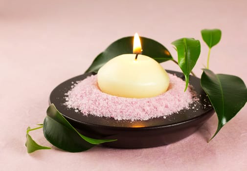 Candle,  green leaves,  sea salt, pink background.