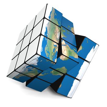 Cube representing planet Earth isolated on white background. Elements of this image furnished by NASA.