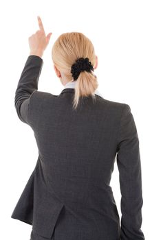 Pointing business woman from back, isolated on white background