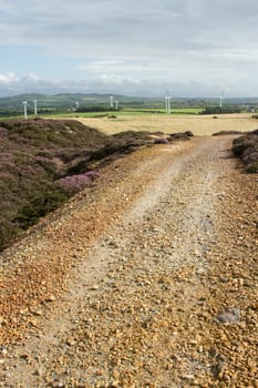 A rough track covered in stones leads through heather with farmland and wind turbines on the horizon.