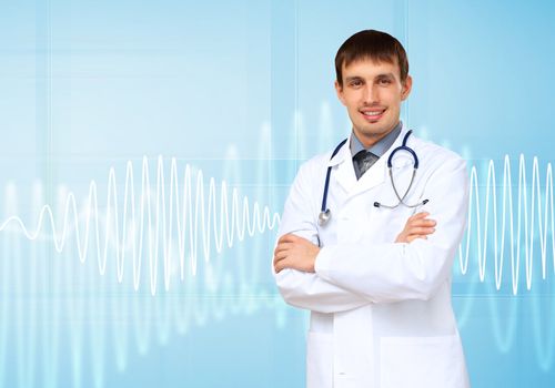 Young doctor in white uniform against technology background