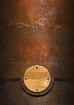 Metallic grunge background with wooden plate and screw heads


