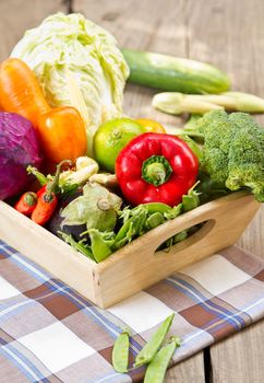 Fresh varieties of Vegetables in wood tray