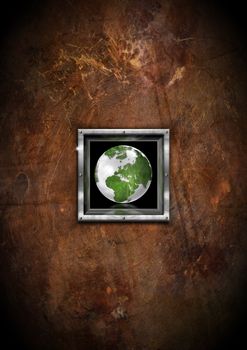 Brown eco grunge background with Green Globe in a metal frame
