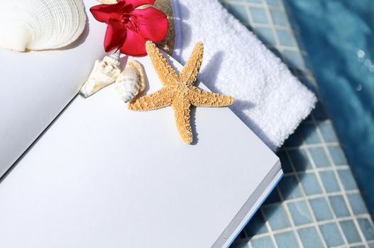 open book, shellfish and white towel beside a pool