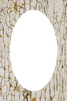 Details of old loosing white paint wall background. Isolated white oval place for text photograph image in center of frame.