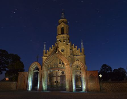 old church in the Gothic style at night, Kernave, Lithuania