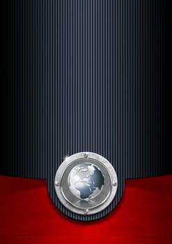 Blue black and red business background with metal plate and globe
