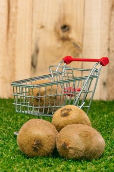 Kiwi fruit and shopping cart on a lawn in front of a timber wall