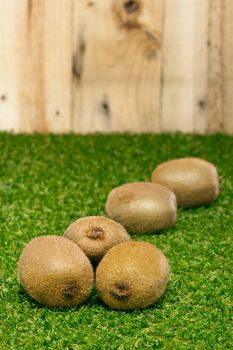 Kiwi fruit on lawn in front of wooden wall close