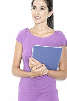 Professional business woman holding blue folders in a purple smart dress