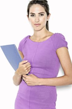 Professional business woman holding blue folders in a purple smart dress