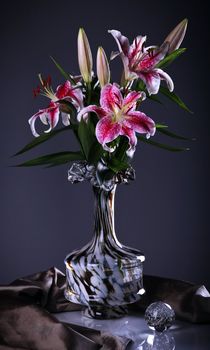 Still life with pink  lily flowers  in a glass vase 