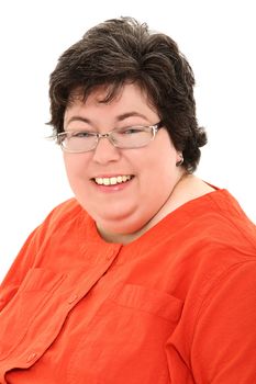 Business style portrait of a confident and happy obese forties woman over white.