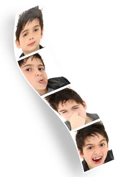 Multiple child faces and expressions on photo booth strip over white.
