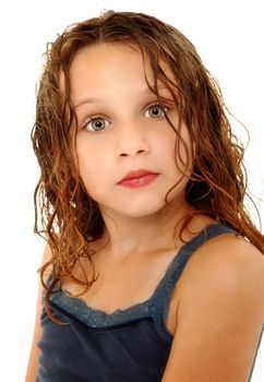 Adorable Girl Child Making Crazy Expression Over White with Wet Hair