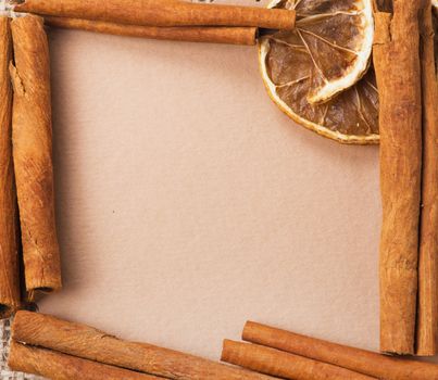 old paper for recipes and spices on burlap closeup