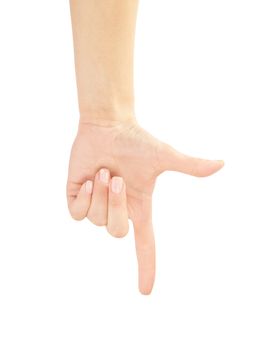 Hand pointing, touching or pressing isolated on white. Caucasian female.
