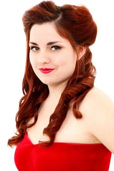 Beautiful young woman with retro vintage hair style half updo and Make up.