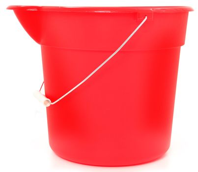 Empty red bucket side view with white and metal handle.