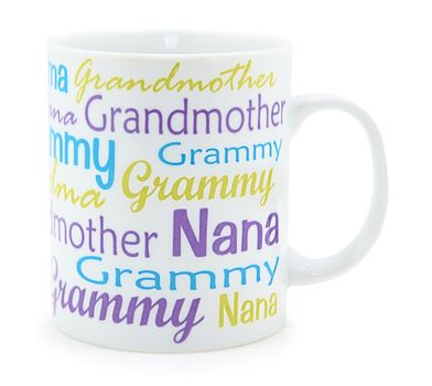 Grandmother coffee mug over white background.  Grandma, nana, grammy and other variations printed on cup.