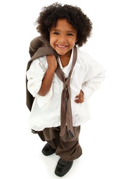 Adorable Preschool Black Girl Child Wearing Father's Oversized Business Suit