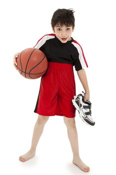 Boy child basketball playiing nerd with ball over white background.