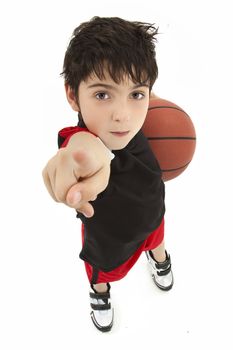 Aggressive boy child basketball player up close pointing in face over white.
