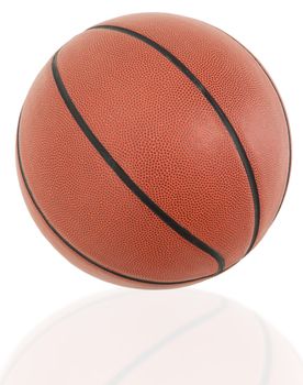 Close up detail traditional american basketball ball over white with reflection. 