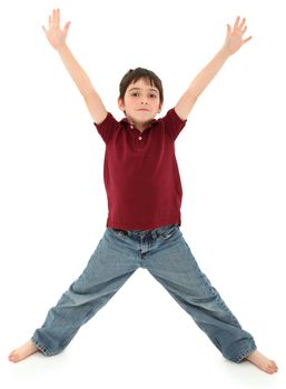 Attractive 8 year old french american boy standing in the shape of a letter x or ready to hug.  Standing over white background.