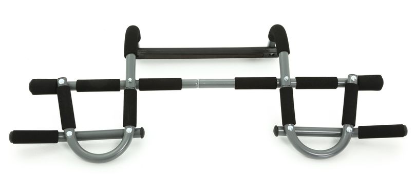 Black and grey portable chin-up bar over white background.