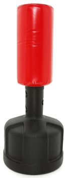 Red and black free standing heavy bag over white.