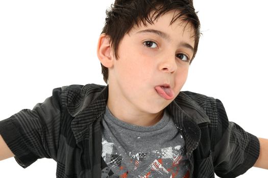 Adorable 8 year old boy making sassy rude sarcastic expression over white background.