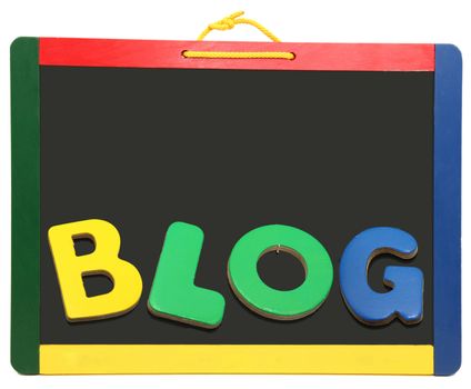 BLOG spelled out with colorful wooded letters on chalkboard