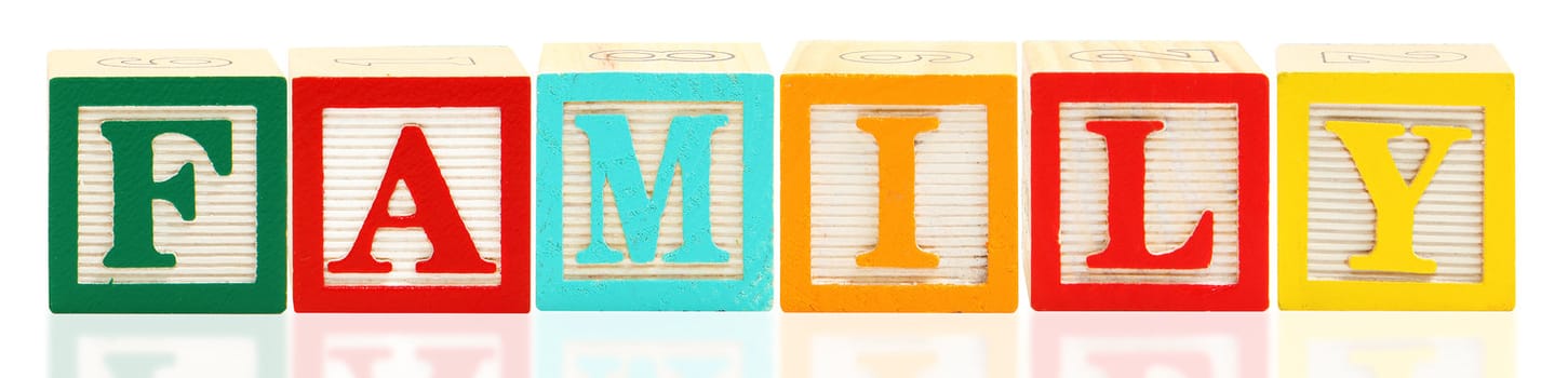 Colorful alphabet blocks spelling the word family.