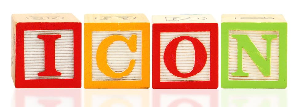 Colorful alphabet blocks. spelling the word ICON.